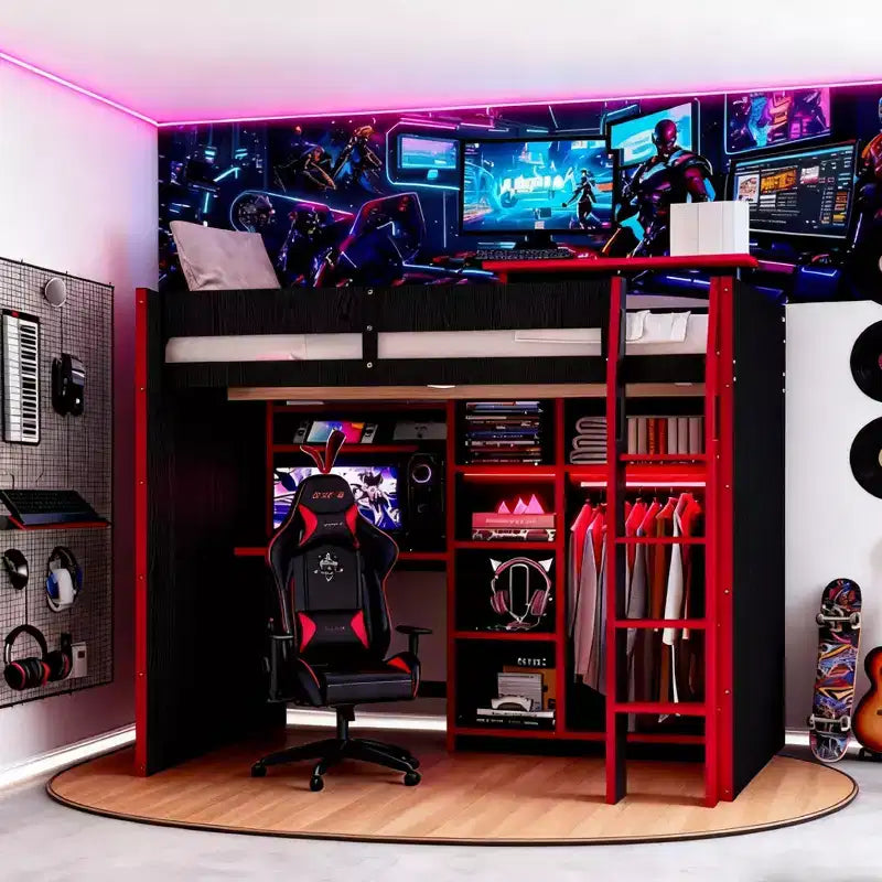 Lit mezzanine Luxystar Gaming avec bureau, lumières RVB et rangements, lit pleine grandeur peu encombrant pour adolescents et adultes