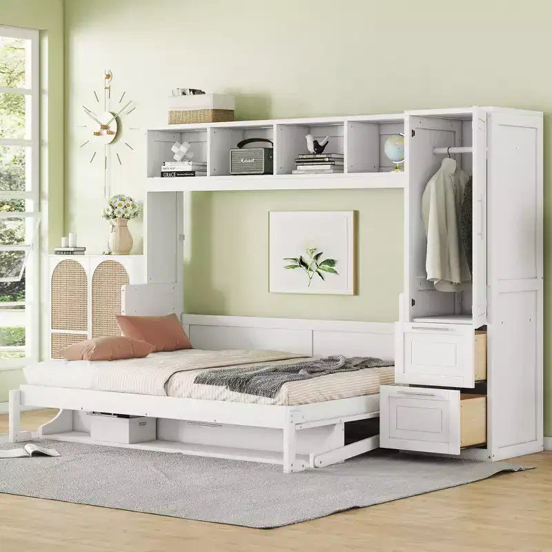 Lit escamotable grand lit/Queen, lit mural d'armoire en bois avec placard et tiroirs, lit pliant pour chambre d'amis, petite chambre