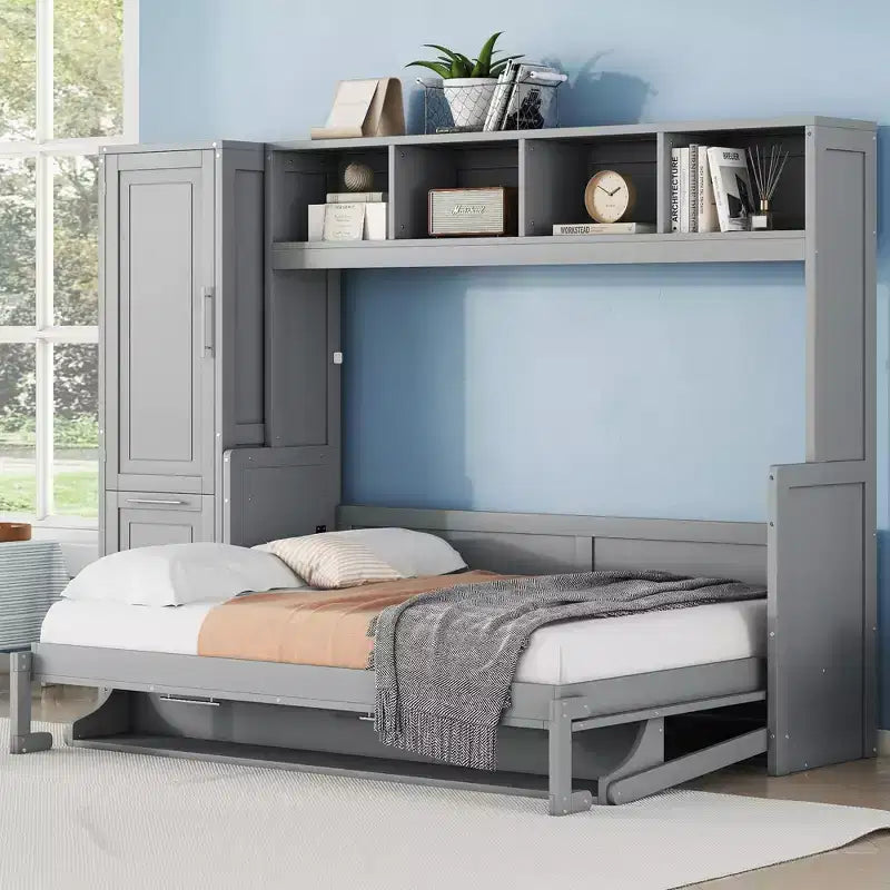 Lit escamotable grand lit/Queen, lit mural d'armoire en bois avec placard et tiroirs, lit pliant pour chambre d'amis, petite chambre