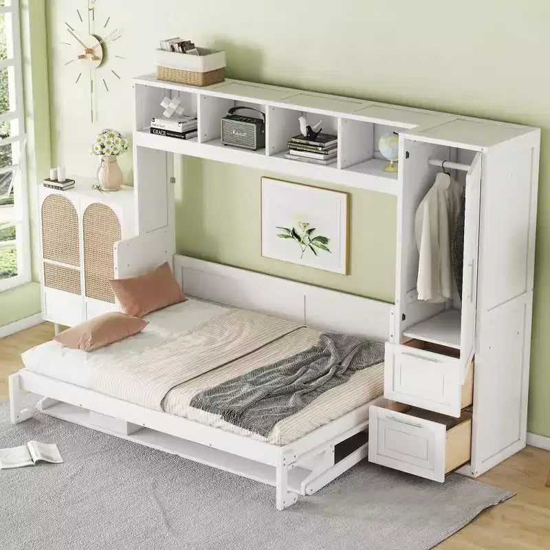 Lit escamotable grand lit/Queen, lit mural d'armoire en bois avec placard et tiroirs, lit pliant pour chambre d'amis, petite chambre