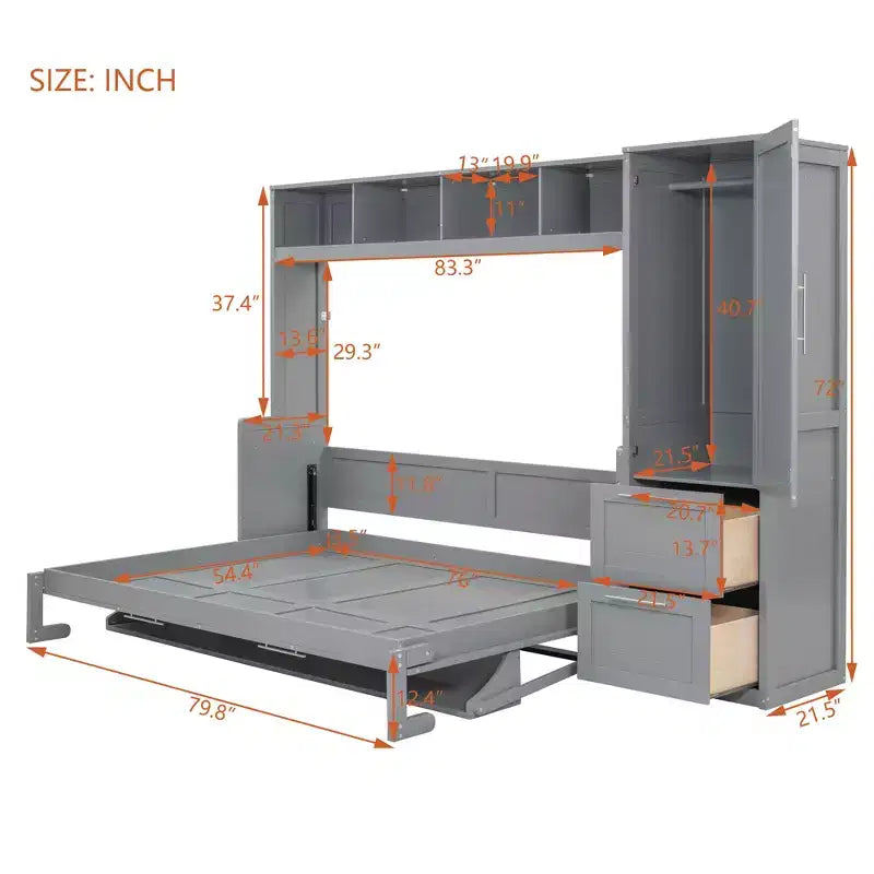 Lit escamotable grand lit/Queen, lit mural d'armoire en bois avec placard et tiroirs, lit pliant pour chambre d'amis, petite chambre