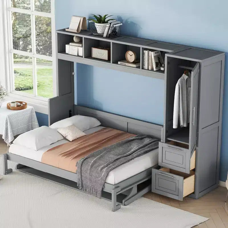 Lit escamotable grand lit/Queen, lit mural d'armoire en bois avec placard et tiroirs, lit pliant pour chambre d'amis, petite chambre