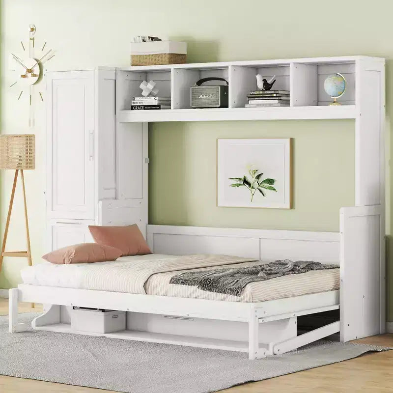 Lit escamotable grand lit/Queen, lit mural d'armoire en bois avec placard et tiroirs, lit pliant pour chambre d'amis, petite chambre