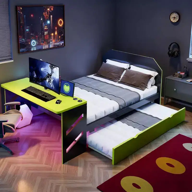 Lit de repos Luxystar pleine grandeur avec bureau intégré, chargement USB et lit gigogne double, lit multifonctionnel peu encombrant pour chambre d'amis et jeux