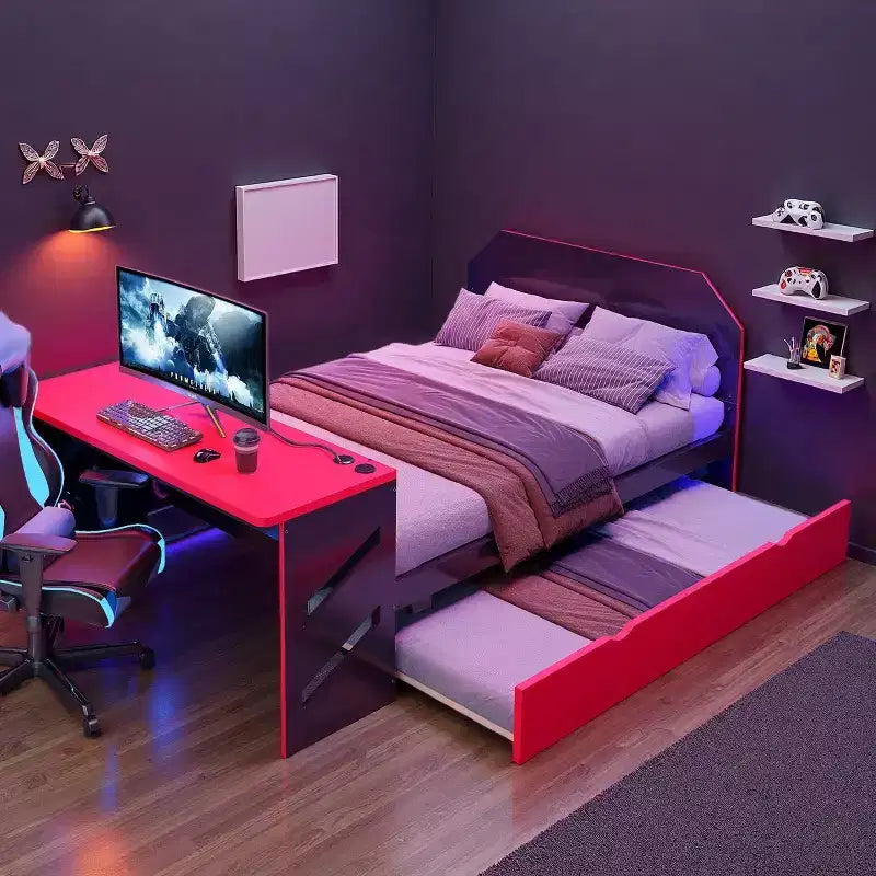 Lit de repos Luxystar pleine grandeur avec bureau intégré, chargement USB et lit gigogne double, lit multifonctionnel peu encombrant pour chambre d'amis et jeux