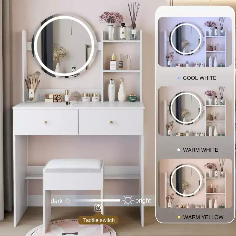 Coiffeuse avec miroir et lumières, ensemble tabouret capitonnéTrois modes de commutateur tactile de couleurRangement grande capacité multicoucheConvient aux petits espaces