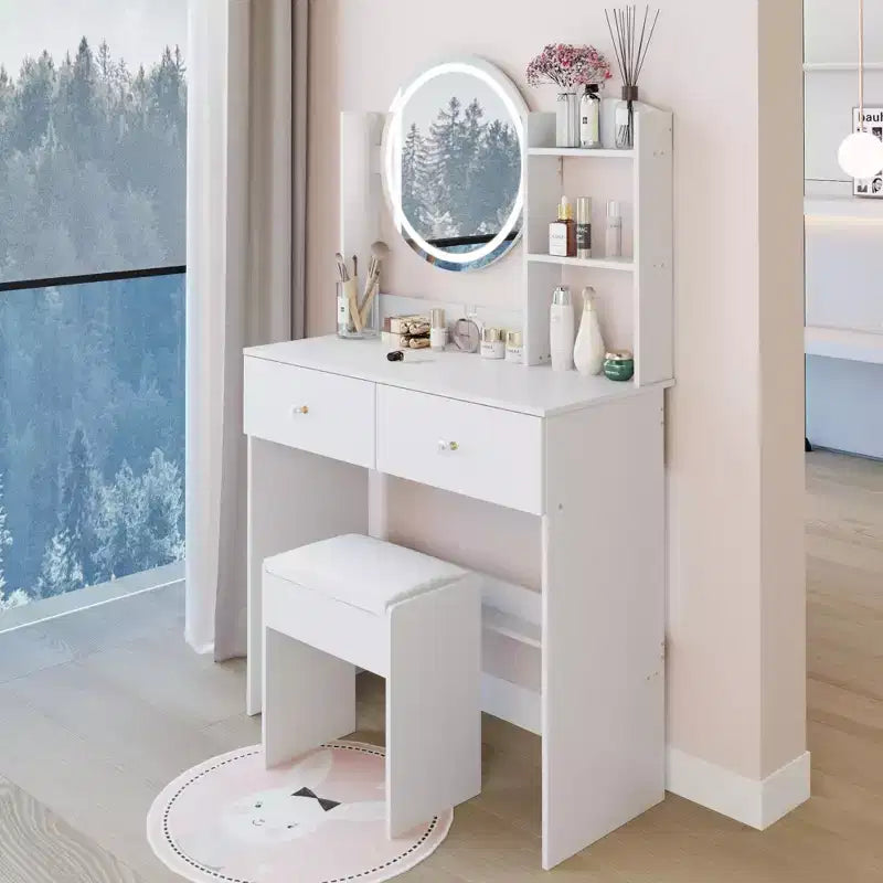 Coiffeuse avec miroir et lumières, ensemble tabouret capitonnéTrois modes de commutateur tactile de couleurRangement grande capacité multicoucheConvient aux petits espaces