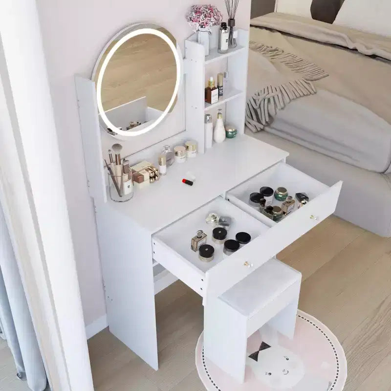 Coiffeuse avec miroir et lumières, ensemble tabouret capitonnéTrois modes de commutateur tactile de couleurRangement grande capacité multicoucheConvient aux petits espaces