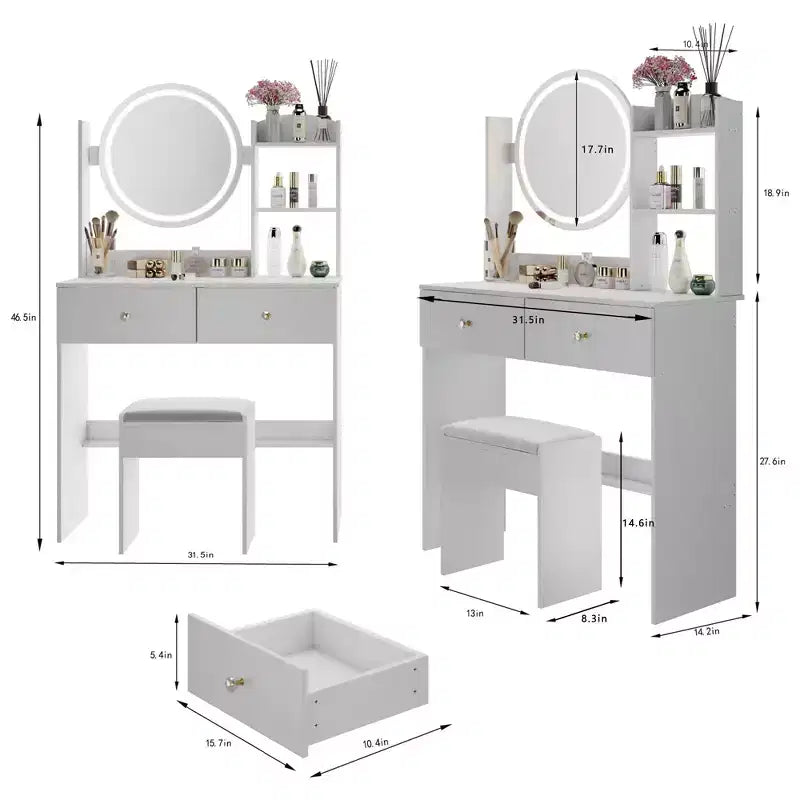 Coiffeuse avec miroir et lumières, ensemble tabouret capitonnéTrois modes de commutateur tactile de couleurRangement grande capacité multicoucheConvient aux petits espaces