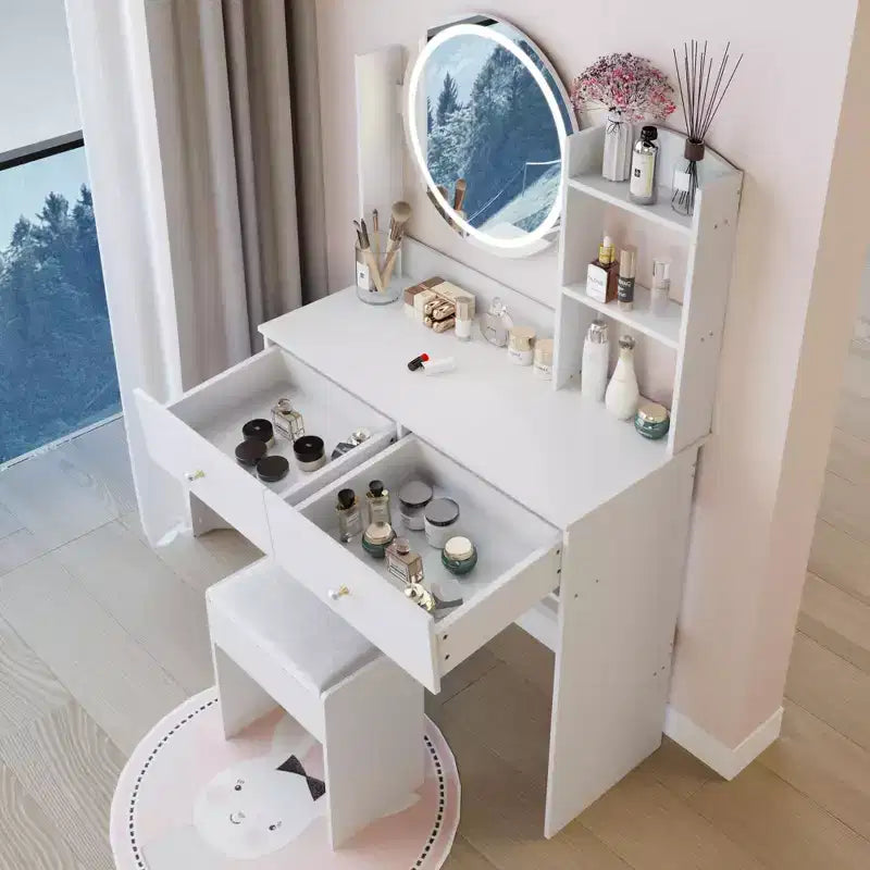 Coiffeuse avec miroir et lumières, ensemble tabouret capitonnéTrois modes de commutateur tactile de couleurRangement grande capacité multicoucheConvient aux petits espaces