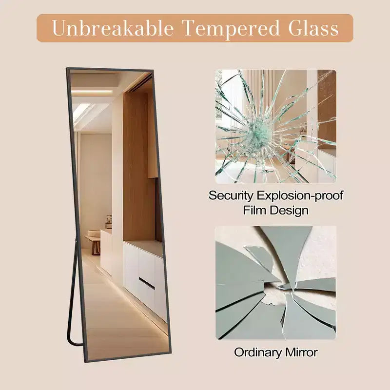 MAYEERTY Miroir pleine longueur rectangulaire moderne de 58 pouces avec cadre en alliage d'aluminium, sur pied, couleur noire