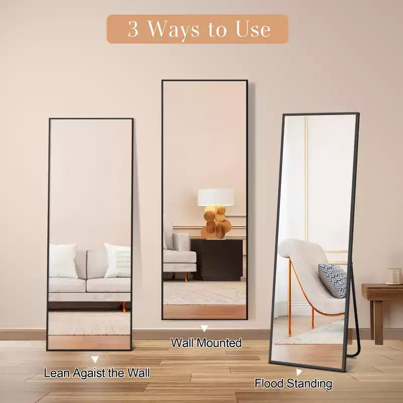 MAYEERTY Miroir pleine longueur rectangulaire moderne de 58 pouces avec cadre en alliage d'aluminium, sur pied, couleur noire