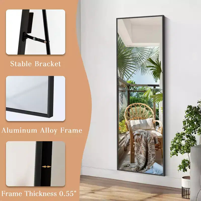 MAYEERTY Miroir pleine longueur rectangulaire moderne de 58 pouces avec cadre en alliage d'aluminium, sur pied, couleur noire