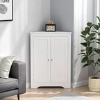 Corner Storage Cabinet, Modern Narrow Organizer with Adjustable Shelf, 2 Doors with Silver Knobs, Floor Cabinet for Living Room and Kitchen