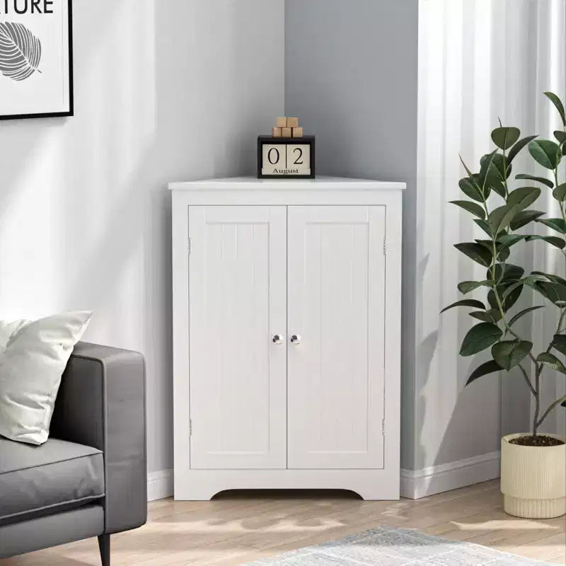 Corner Storage Cabinet, Modern Narrow Organizer with Adjustable Shelf, 2 Doors with Silver Knobs, Floor Cabinet for Living Room and Kitchen