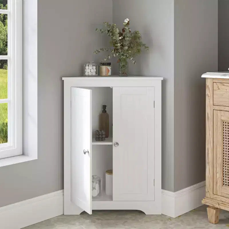 Meuble de Rangement d'Angle, Organisateur Étroit Moderne avec Étagère Réglable, 2 Portes avec Boutons Argentés, Meuble Bas pour Salon et Cuisine