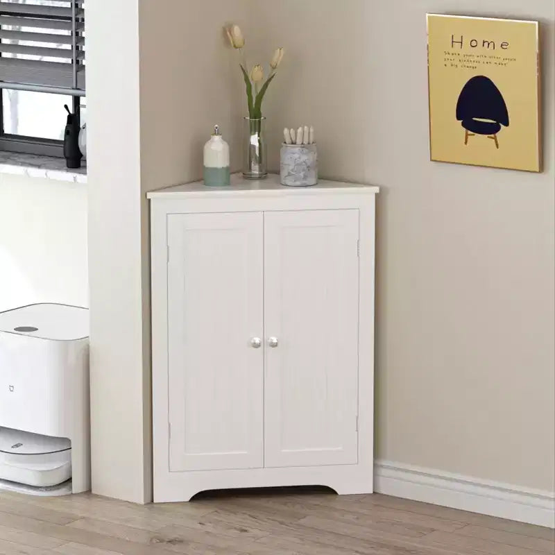 Meuble de Rangement d'Angle, Organisateur Étroit Moderne avec Étagère Réglable, 2 Portes avec Boutons Argentés, Meuble Bas pour Salon et Cuisine