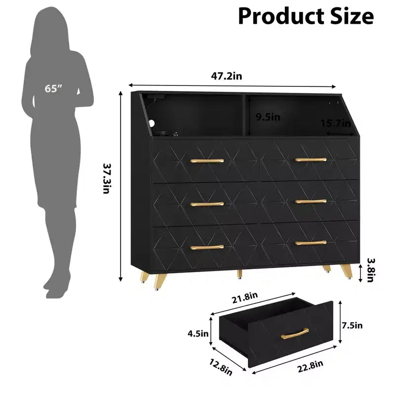 Commode noire avec bande lumineuse LED, commode moderne à 6 tiroirs, station de charge, étagère ouverte, grande commode en bois pour chambre, salon
