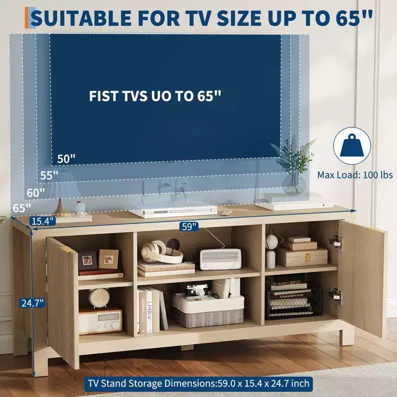 Meuble TV cannelé pour téléviseur de 65 pouces, console moderne avec étagères ouvertes, meuble de divertissement robuste, pour salon, chambre à coucher