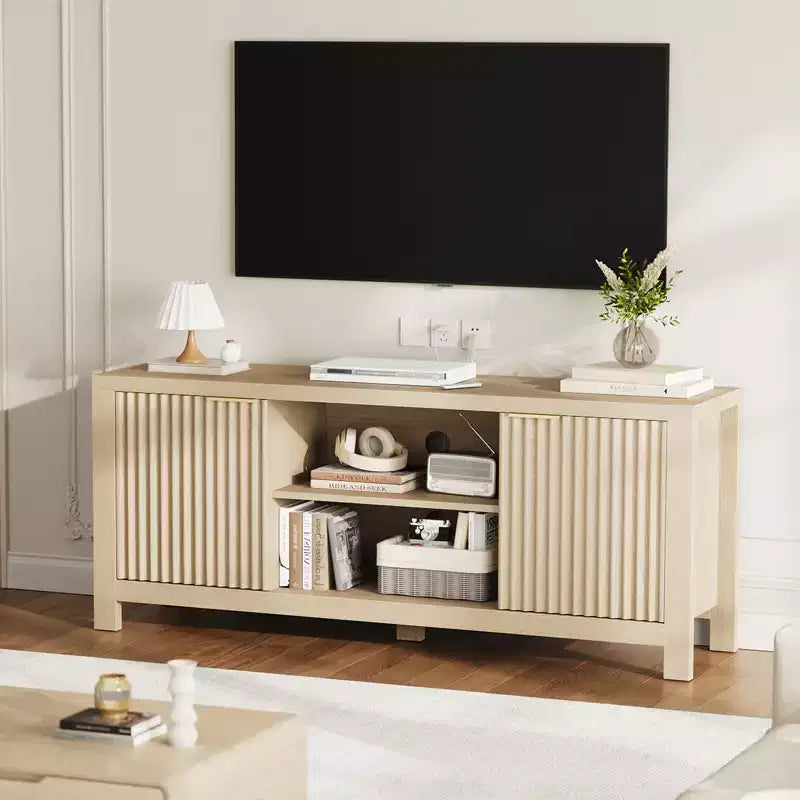 Meuble TV cannelé pour téléviseur de 65 pouces, console moderne avec étagères ouvertes, meuble de divertissement robuste, pour salon, chambre à coucher