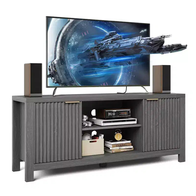 Meuble TV cannelé pour téléviseur de 65 pouces, console moderne avec étagères ouvertes, meuble de divertissement robuste, pour salon, chambre à coucher