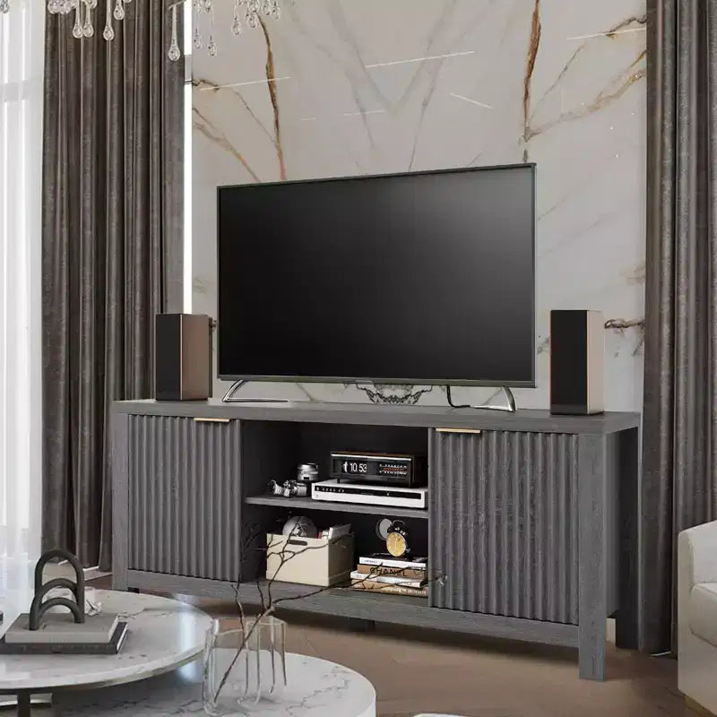 Meuble TV cannelé pour téléviseur de 65 pouces, console moderne avec étagères ouvertes, meuble de divertissement robuste, pour salon, chambre à coucher