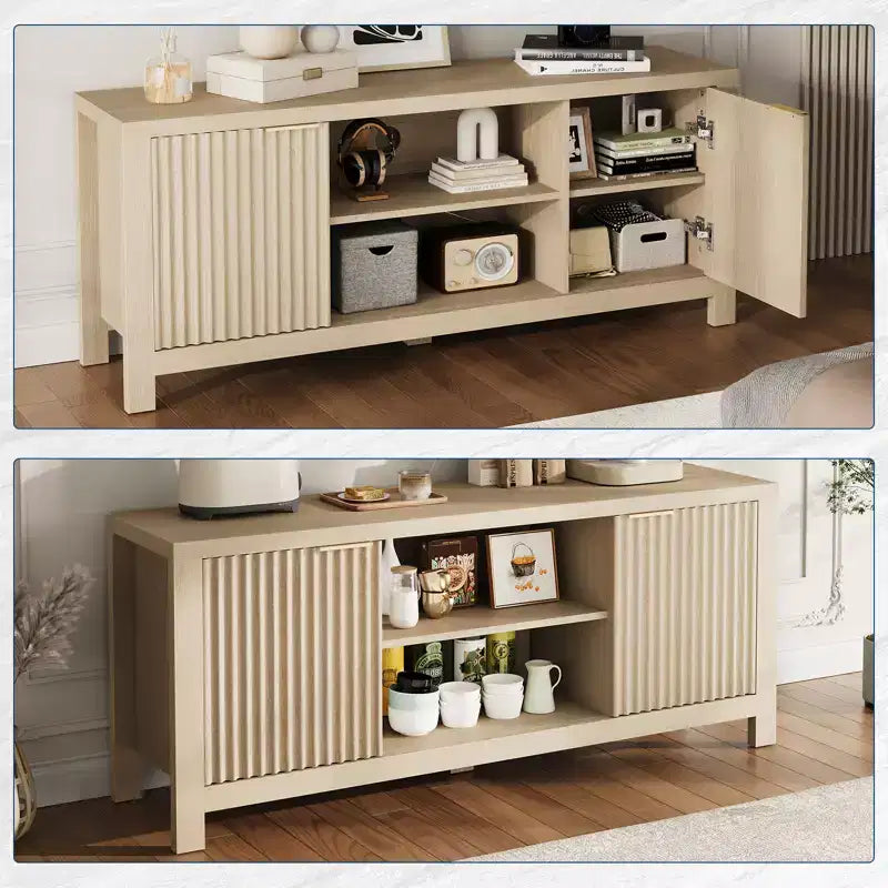 Meuble TV cannelé pour téléviseur de 65 pouces, console moderne avec étagères ouvertes, meuble de divertissement robuste, pour salon, chambre à coucher