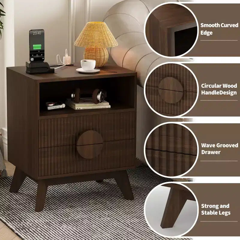 Tables de Chevet en Bois Cannelé avec Station de Charge, 2 Tiroirs et Étagère Ouverte pour Chambre ou Salon