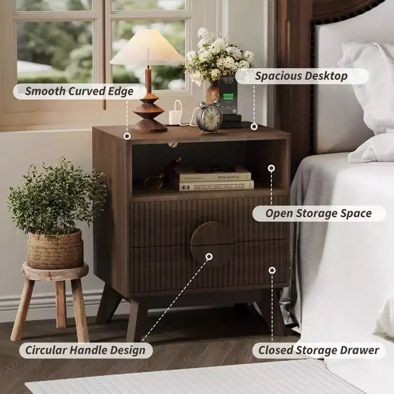 Tables de Chevet en Bois Cannelé avec Station de Charge, 2 Tiroirs et Étagère Ouverte pour Chambre ou Salon
