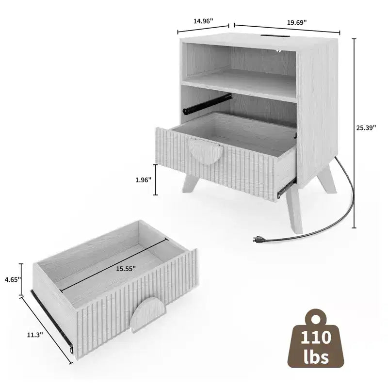 Tables de Chevet en Bois Cannelé avec Station de Charge, 2 Tiroirs et Étagère Ouverte pour Chambre ou Salon