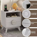 Tables de Chevet en Bois Cannelé avec Station de Charge, 2 Tiroirs et Étagère Ouverte pour Chambre ou Salon