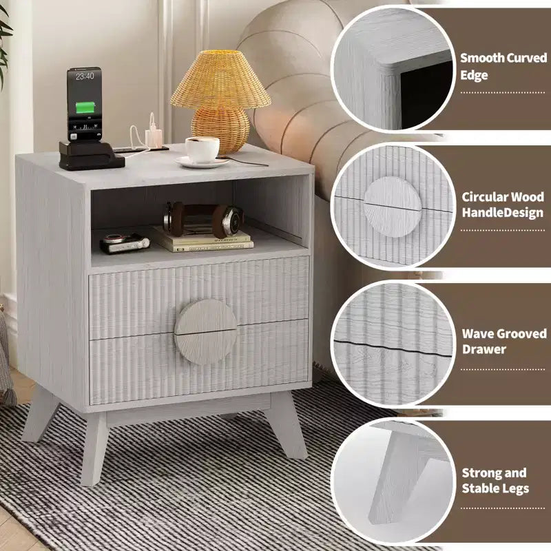 Tables de Chevet en Bois Cannelé avec Station de Charge, 2 Tiroirs et Étagère Ouverte pour Chambre ou Salon