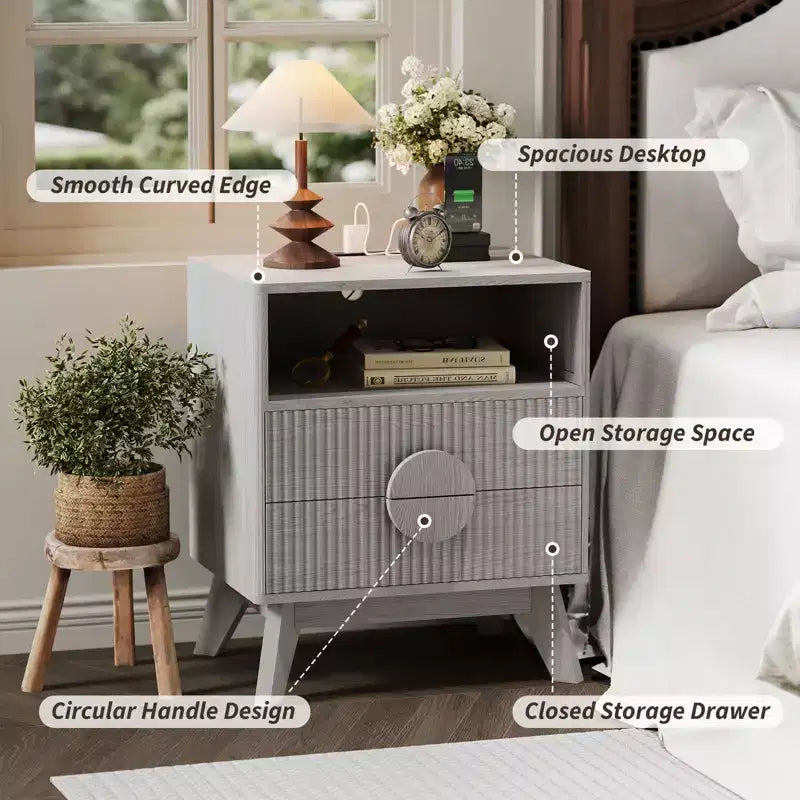 Tables de Chevet en Bois Cannelé avec Station de Charge, 2 Tiroirs et Étagère Ouverte pour Chambre ou Salon