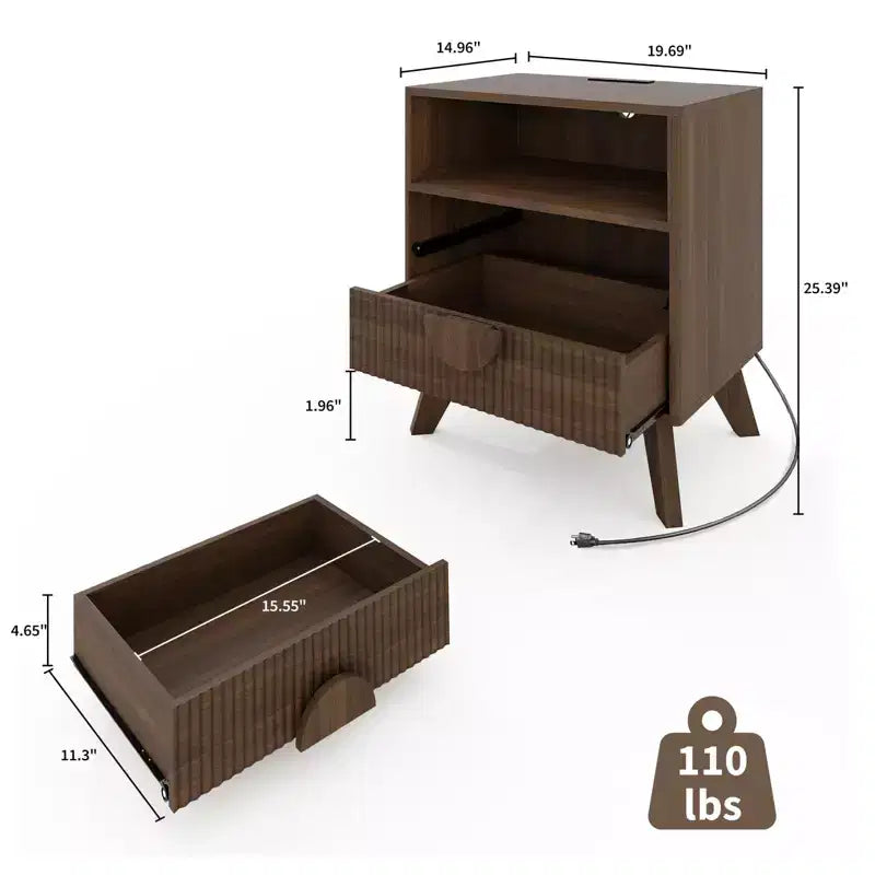 Tables de Chevet en Bois Cannelé avec Station de Charge, 2 Tiroirs et Étagère Ouverte pour Chambre ou Salon