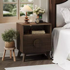 Tables de Chevet en Bois Cannelé avec Station de Charge, 2 Tiroirs et Étagère Ouverte pour Chambre ou Salon