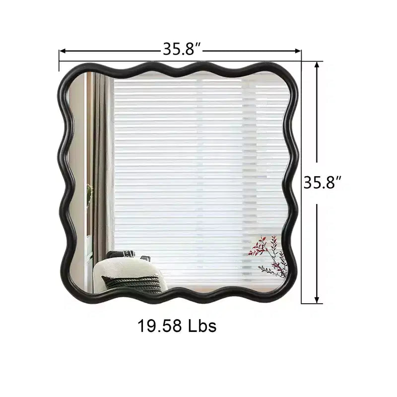 Miroir mural ondulé avec bord biseauté en bois, s'accroche horizontalement ou verticalement, idéal pour la salle de bain, la coiffeuse ou la décoration du salon.