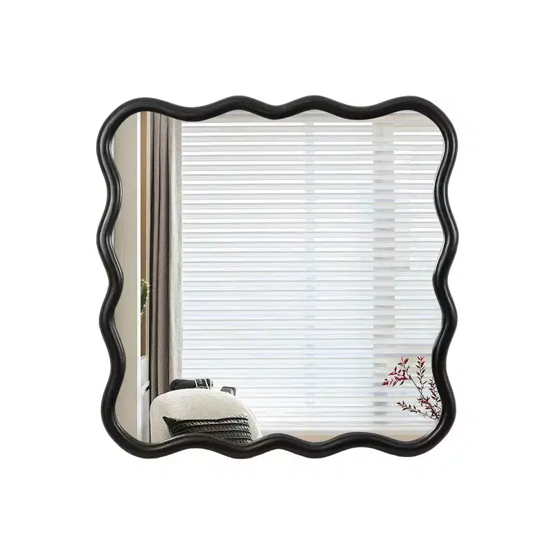 Miroir mural ondulé avec bord biseauté en bois, s'accroche horizontalement ou verticalement, idéal pour la salle de bain, la coiffeuse ou la décoration du salon.
