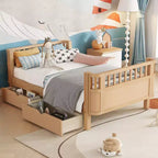 Lit plateforme en bois double/grand format pour enfants, lit bas avec barrières de sécurité et tiroirs de rangement pour chambre à coucher - ModernLuxe