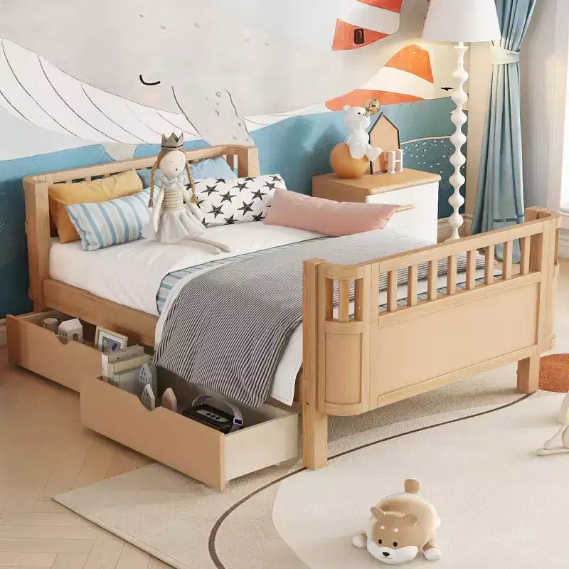 Lit plateforme en bois double/grand format pour enfants, lit bas avec barrières de sécurité et tiroirs de rangement pour chambre à coucher - ModernLuxe