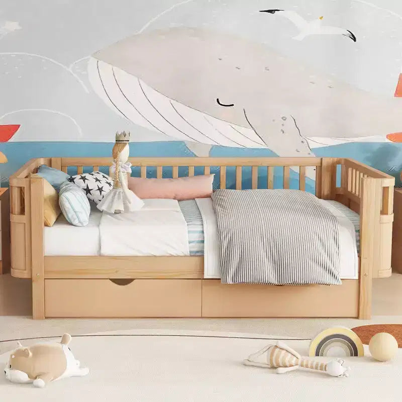 Lit plateforme en bois double/grand format pour enfants, lit bas avec barrières de sécurité et tiroirs de rangement pour chambre à coucher - ModernLuxe