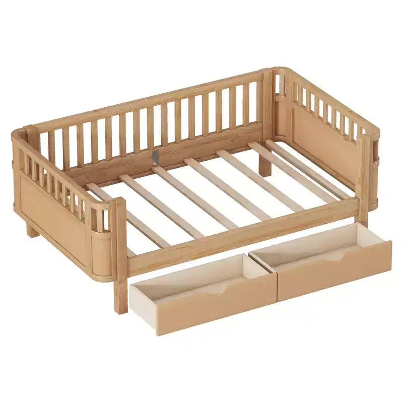 Lit plateforme en bois double/grand format pour enfants, lit bas avec barrières de sécurité et tiroirs de rangement pour chambre à coucher - ModernLuxe
