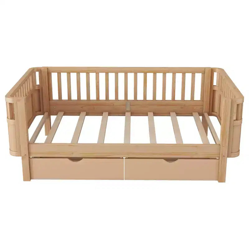 Lit plateforme en bois double/grand format pour enfants, lit bas avec barrières de sécurité et tiroirs de rangement pour chambre à coucher - ModernLuxe