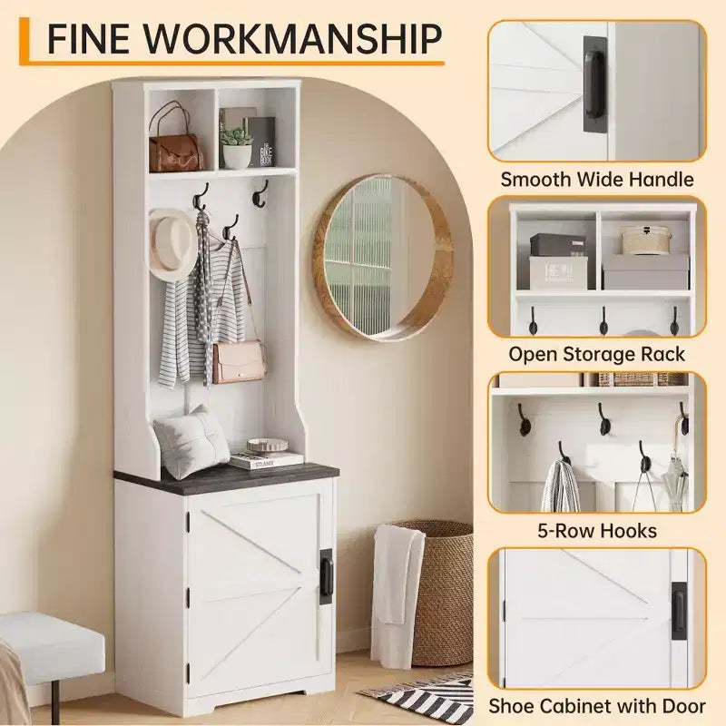 Meuble à chaussures de style rustique pour entrée avec rangement compact pour manteaux, doté de 5 patères, comprend un espace de rangement pour chaussures, idéal pour les entrées et les couloirs.
