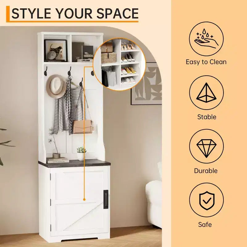 Meuble à chaussures de style rustique pour entrée avec rangement compact pour manteaux, doté de 5 patères, comprend un espace de rangement pour chaussures, idéal pour les entrées et les couloirs.