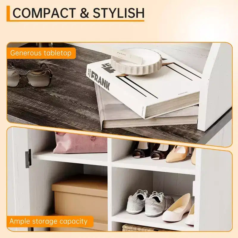 Meuble à chaussures de style rustique pour entrée avec rangement compact pour manteaux, doté de 5 patères, comprend un espace de rangement pour chaussures, idéal pour les entrées et les couloirs.