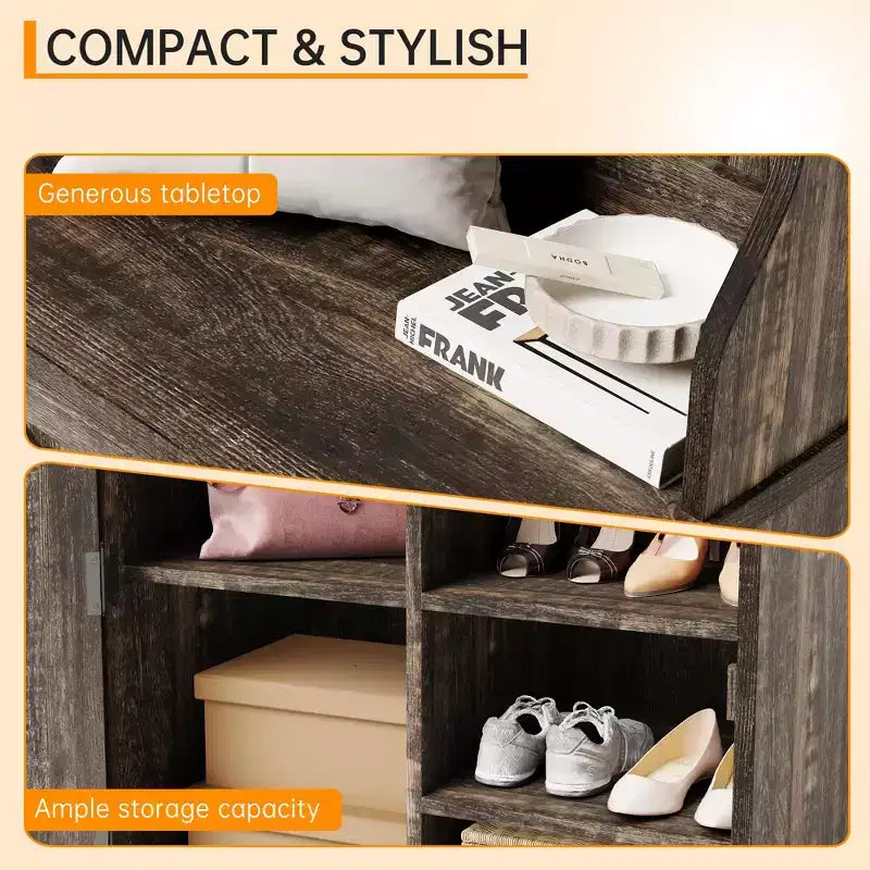 Meuble à chaussures de style rustique pour entrée avec rangement compact pour manteaux, doté de 5 patères, comprend un espace de rangement pour chaussures, idéal pour les entrées et les couloirs.