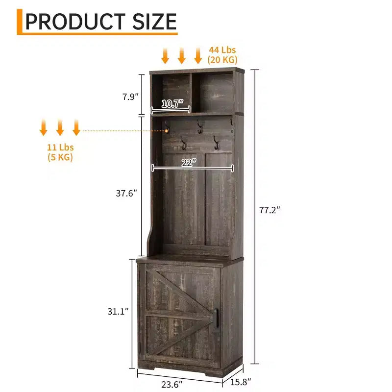Meuble à chaussures de style rustique pour entrée avec rangement compact pour manteaux, doté de 5 patères, comprend un espace de rangement pour chaussures, idéal pour les entrées et les couloirs.