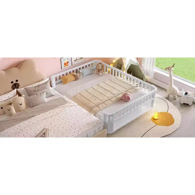 Lit plateforme intégral Bellemave avec barrières de sécurité et clôture amovible, lit plateforme en bois massif pour enfants, blanc