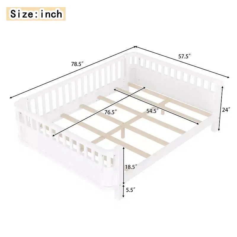 Lit plateforme intégral Bellemave avec barrières de sécurité et clôture amovible, lit plateforme en bois massif pour enfants, blanc