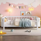 Lit plateforme intégral Bellemave avec barrières de sécurité et clôture amovible, lit plateforme en bois massif pour enfants, blanc